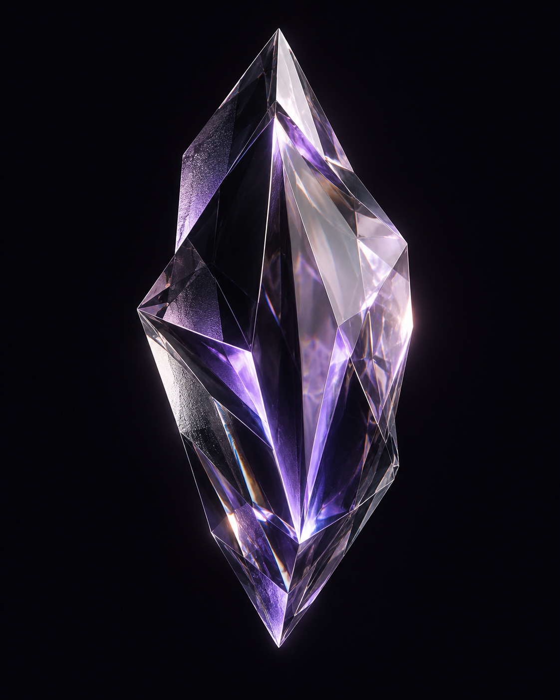 Faceted lavender crystal suspended in darkness