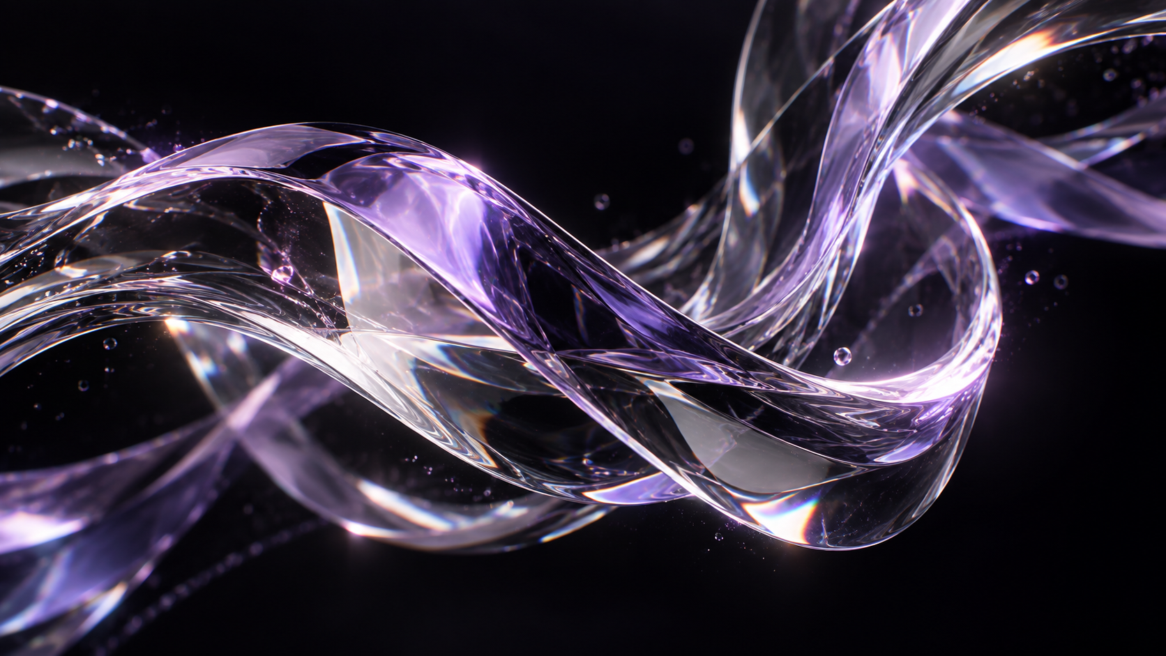 Lavender glass ribbons flowing through a dark space